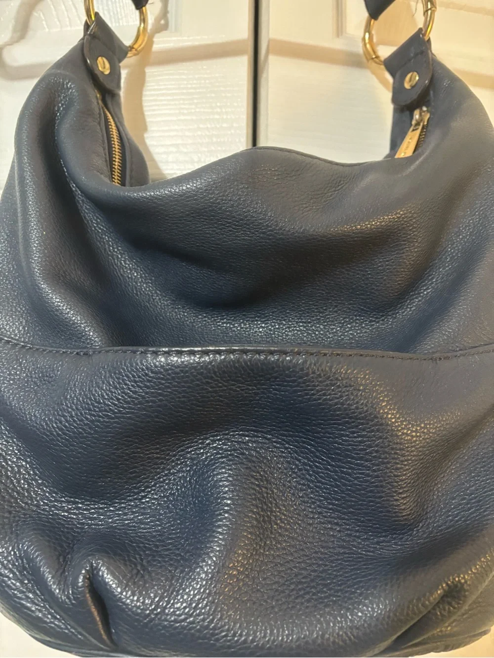 Michael Kors Dark Navy Pebbled Leather Hobo with Gold MK Emblem